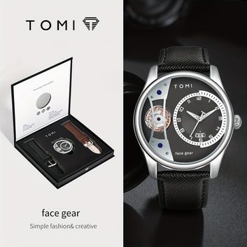 TOMI Men'S Rotating Gear Sweep Second Watch with Replaceable Strap