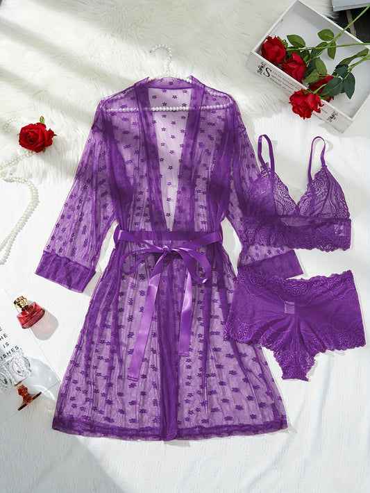 25AW Lingerie Set, Women's Bralette + Panties + Garter Belt + Robe