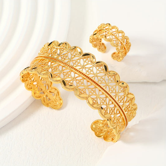 1pc Retro & Luxury Wide Cuff Bracelet And 1pc Ring Set