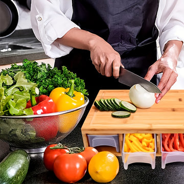Multifunctional Bamboo Cutting Board Set with 4 Blades & Covered Trays
