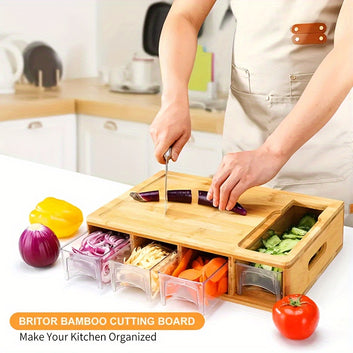 Multifunctional Bamboo Cutting Board Set with 4 Blades & Covered Trays