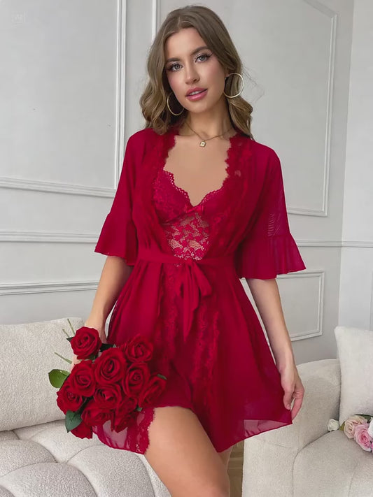 French Sweet and Spicy Polyester Fabric Sleepwear Set with Large Area Contrast Lace