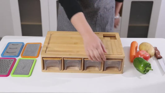 Multifunctional Bamboo Cutting Board Set with 4 Blades & Covered Trays